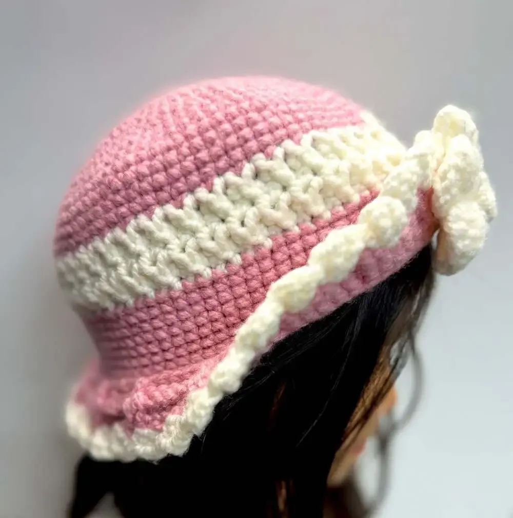 Handmade Pink and White Crochet Bucket Hat with Flower Ruffled Brim
